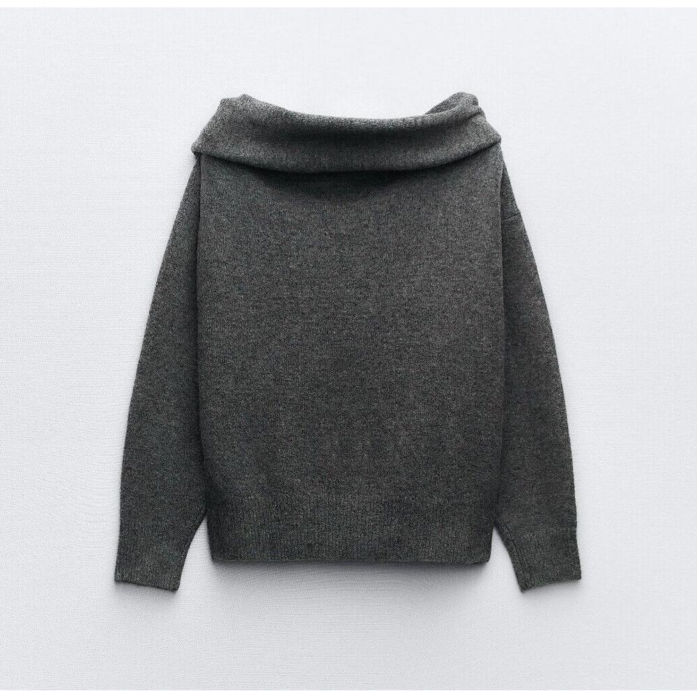 ZARA Bardot Off Shoulder Knit Sweater NWT Gray Foldover Neck Pearl Detail M - Picture 16 of 16
